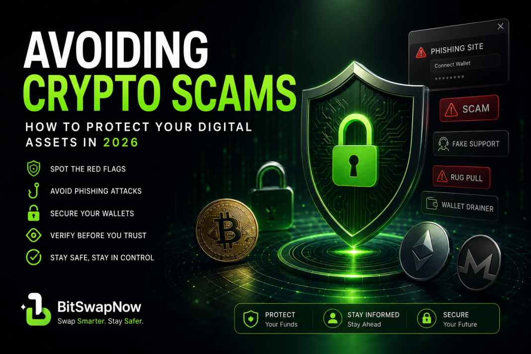 Futuristic crypto security illustration showing protection against phishing scams, fake support attacks, wallet drainers, and rug pulls with Bitcoin, Ethereum, and Monero symbols.