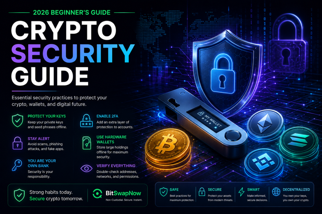 Futuristic cryptocurrency security guide graphic featuring a hardware wallet, digital shield, Bitcoin, Ethereum, and blockchain cybersecurity protection