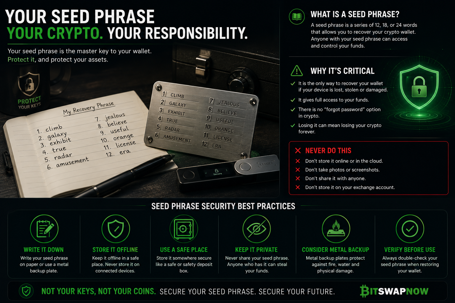 Infographic explaining crypto seed phrase security, offline backup methods, wallet recovery phrases and best practices for protecting cryptocurrency private keys.