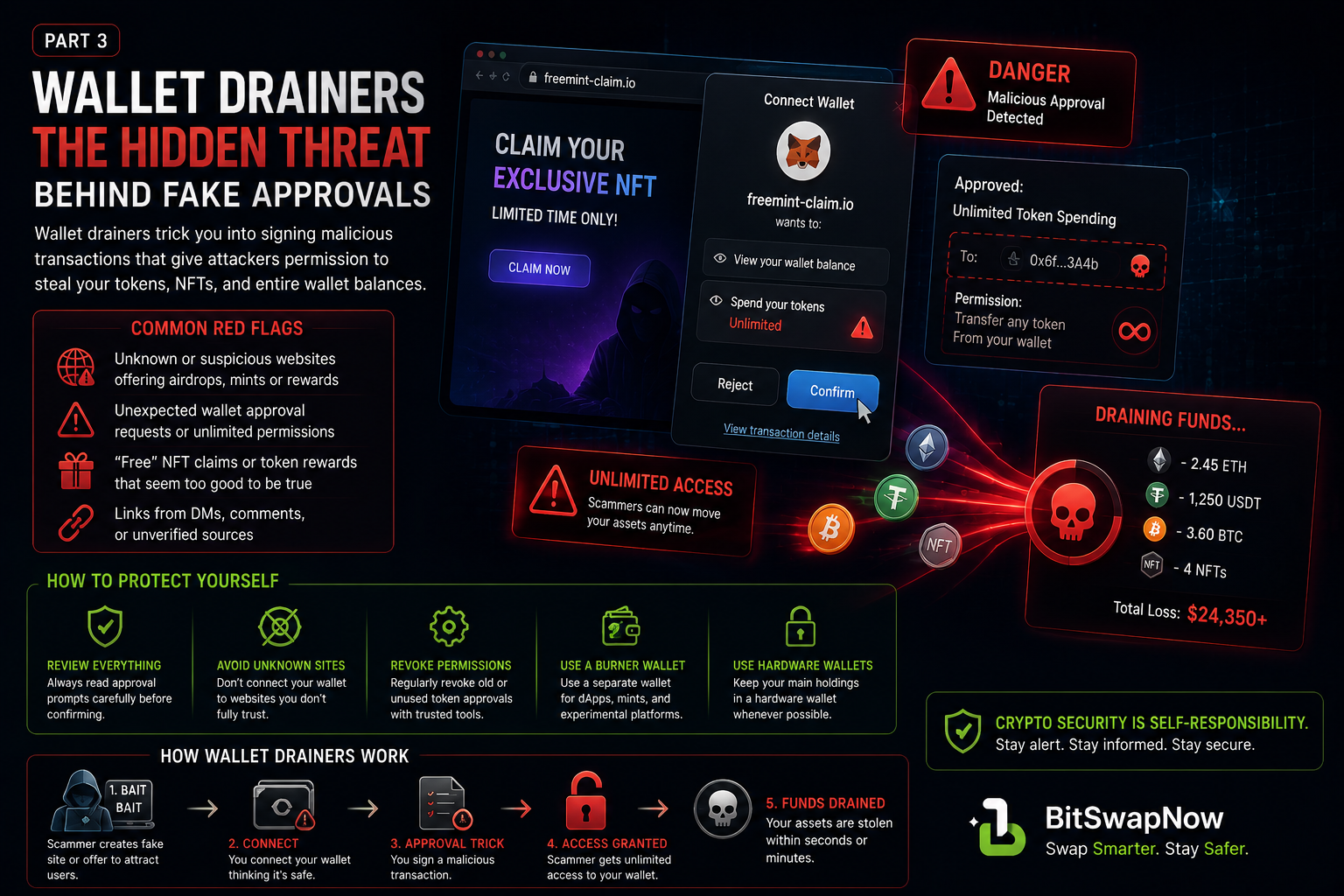 Cybersecurity infographic showing a crypto wallet drainer scam involving malicious wallet approvals, fake NFT claims, phishing websites, and stolen Bitcoin, Ethereum, and USDT funds.