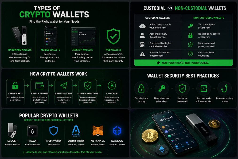 Infographic showing different types of crypto wallets including hardware, mobile, desktop and web wallets alongside wallet security best practices and custodial vs non-custodial comparisons.