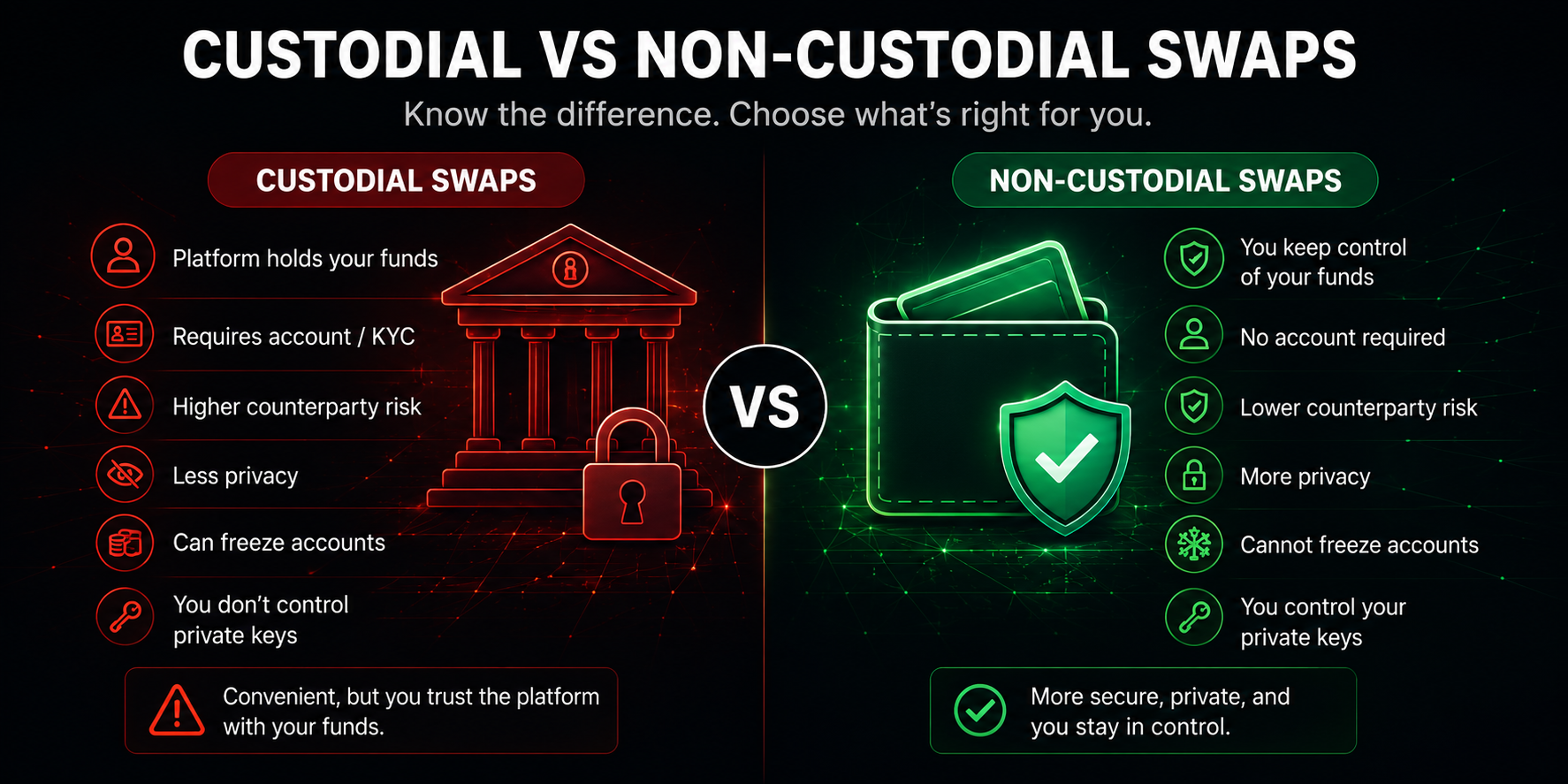 Infographic comparing custodial and non-custodial cryptocurrency swaps including privacy, wallet control, and security differences