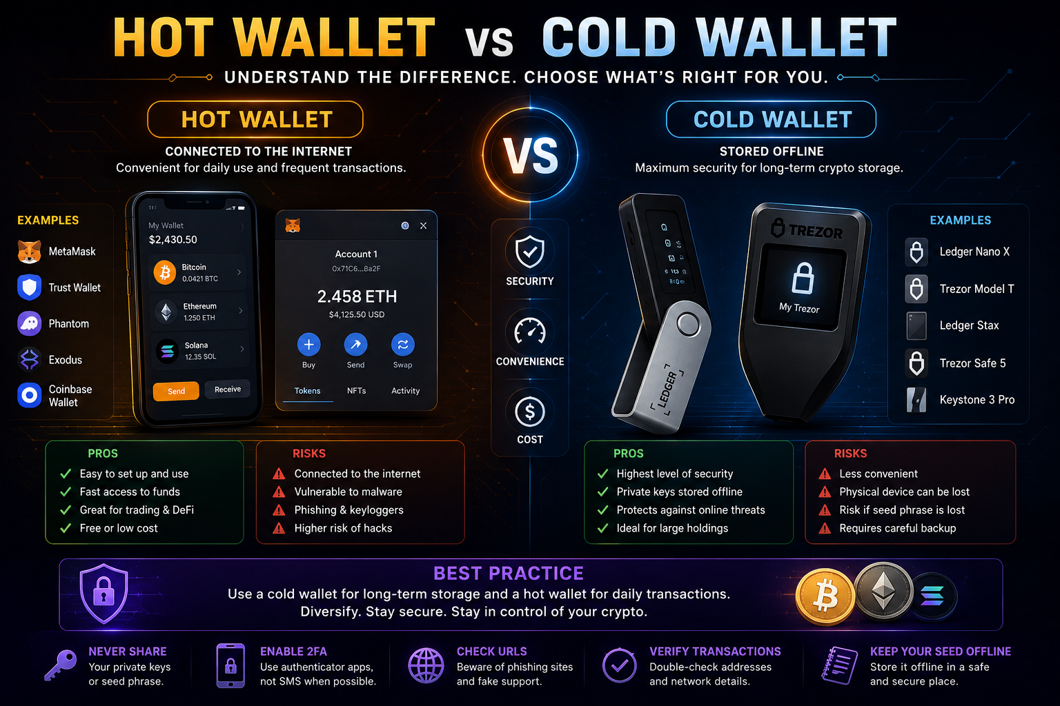 Detailed infographic comparing hot wallets and cold wallets for cryptocurrency security including risks, benefits, examples, and storage methods