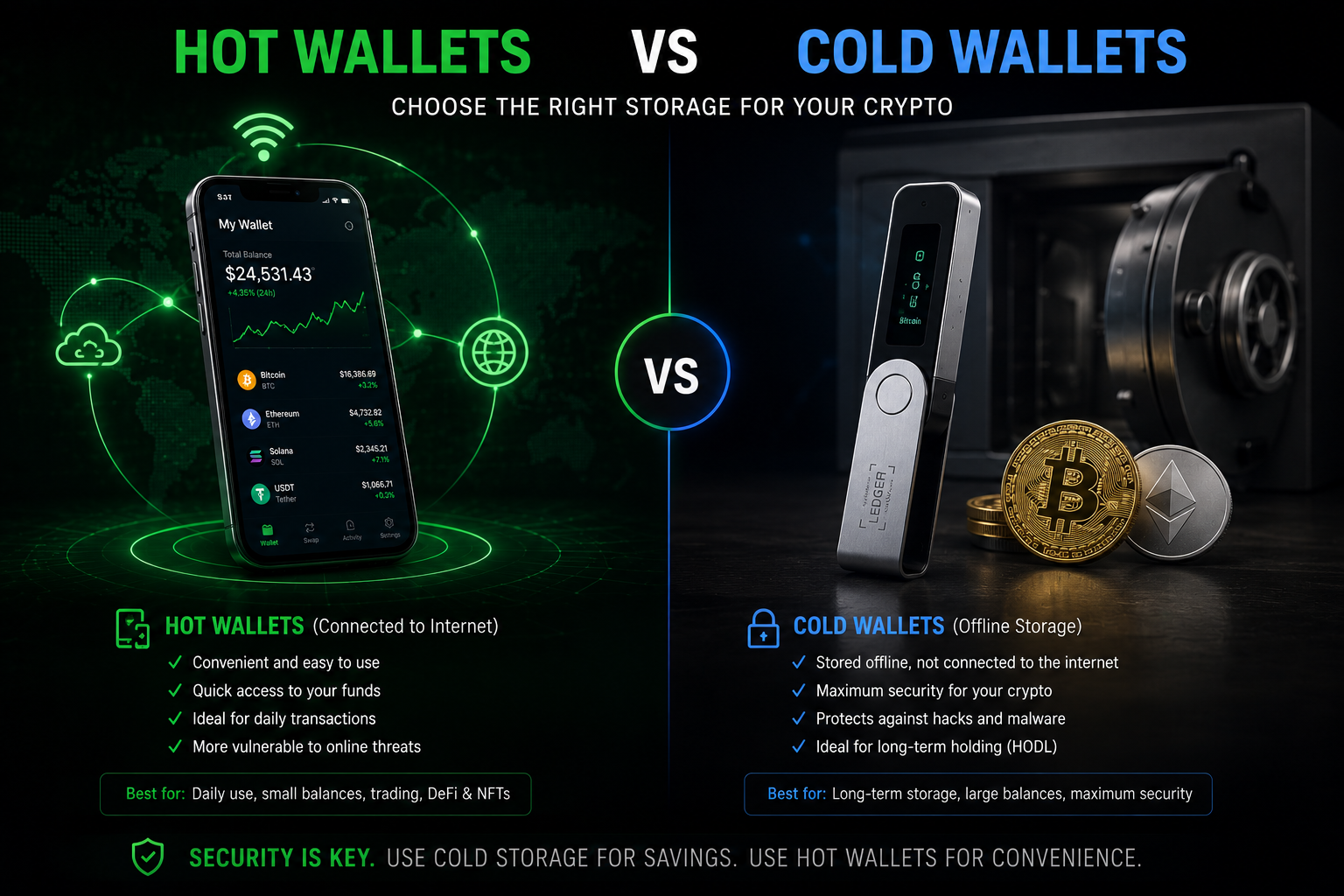 Comparison infographic showing differences between hot wallets and cold wallets for cryptocurrency storage, including security, convenience and offline protection benefits.
