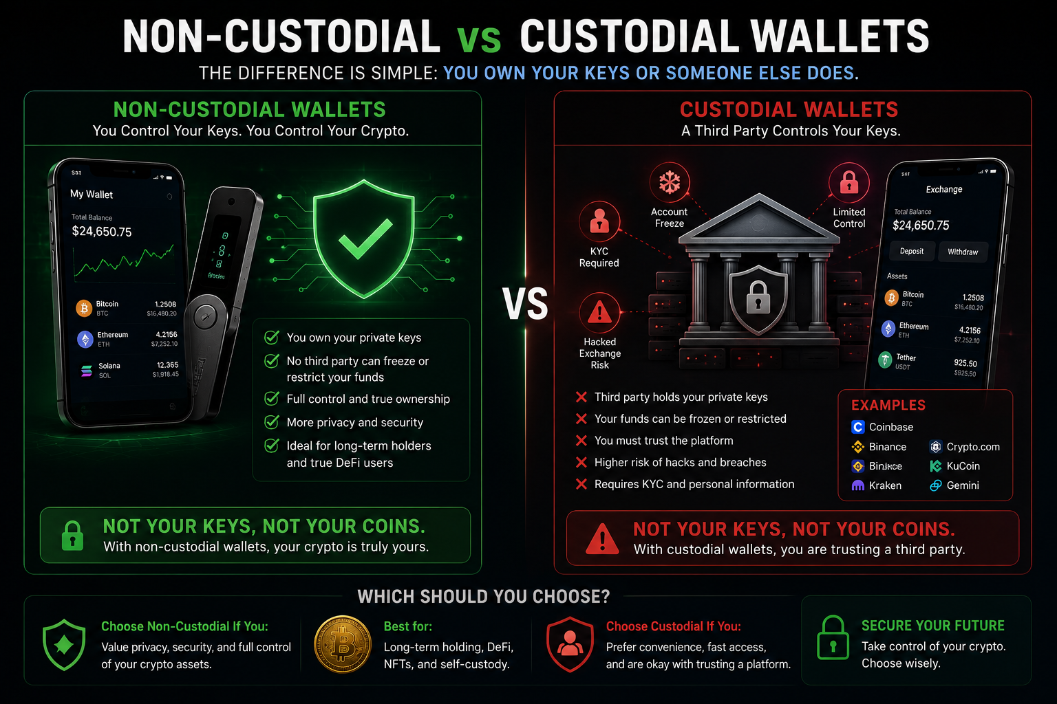 Comparison infographic explaining the differences between non-custodial and custodial crypto wallets, including private key ownership, security and exchange risks.