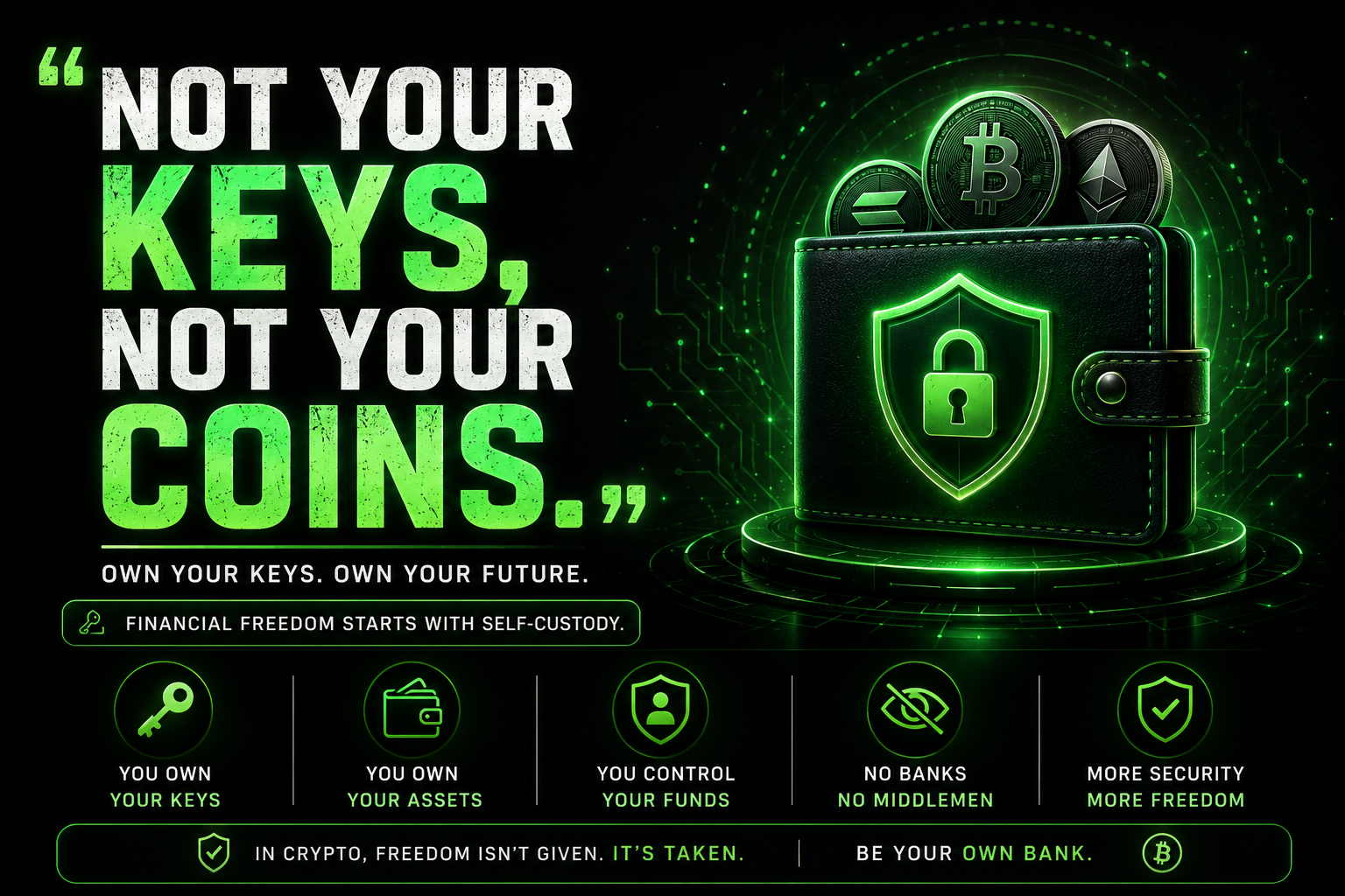Cyber-themed graphic illustrating the crypto phrase not your keys not your coins and the importance of self-custody