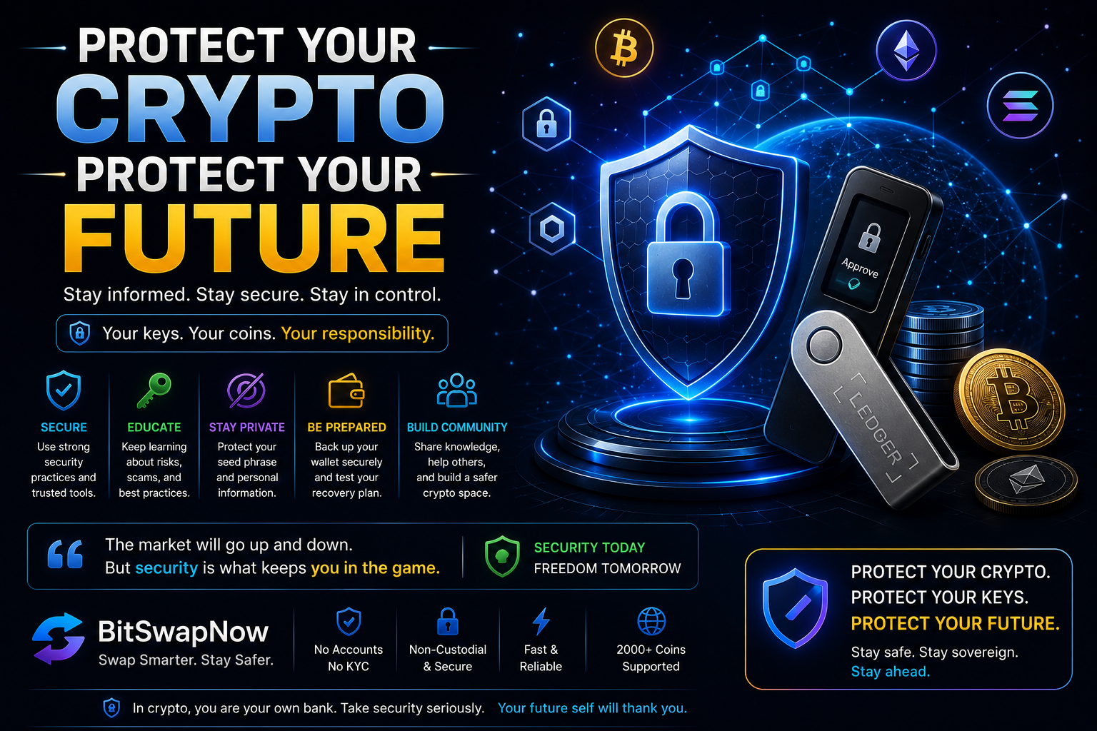 Futuristic cryptocurrency security banner featuring a hardware wallet, digital shield, blockchain protection, and crypto asset safety messaging