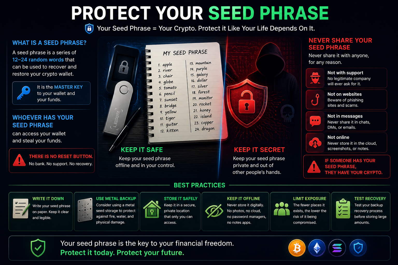 Cryptocurrency seed phrase security infographic explaining how to safely store and protect wallet recovery phrases from scams and theft