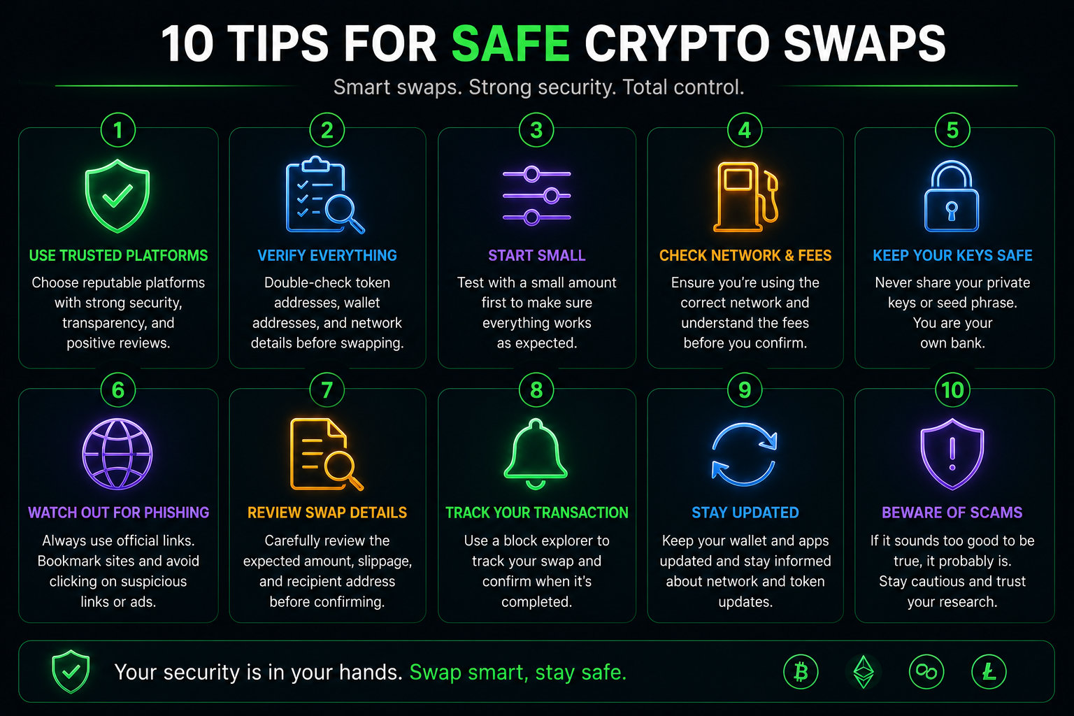 Infographic showing ten important security tips for safe cryptocurrency swaps including wallet protection, phishing awareness, and transaction verification