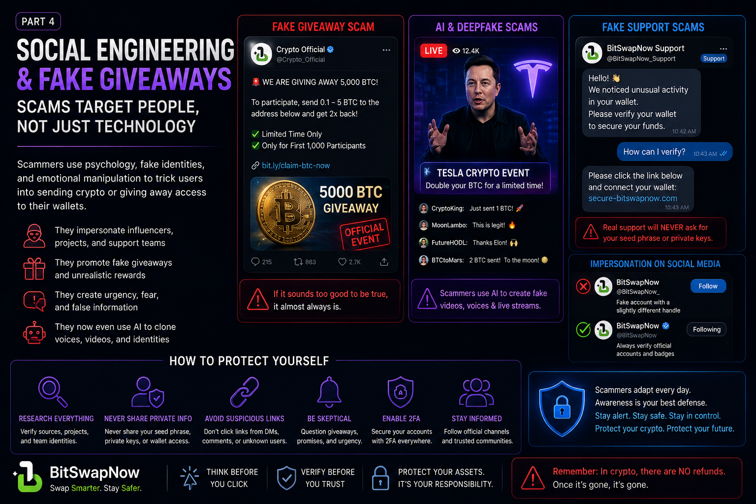 Cybersecurity infographic showing fake crypto giveaways, AI deepfake scams, impersonation accounts, and fraudulent support messages targeting cryptocurrency users.