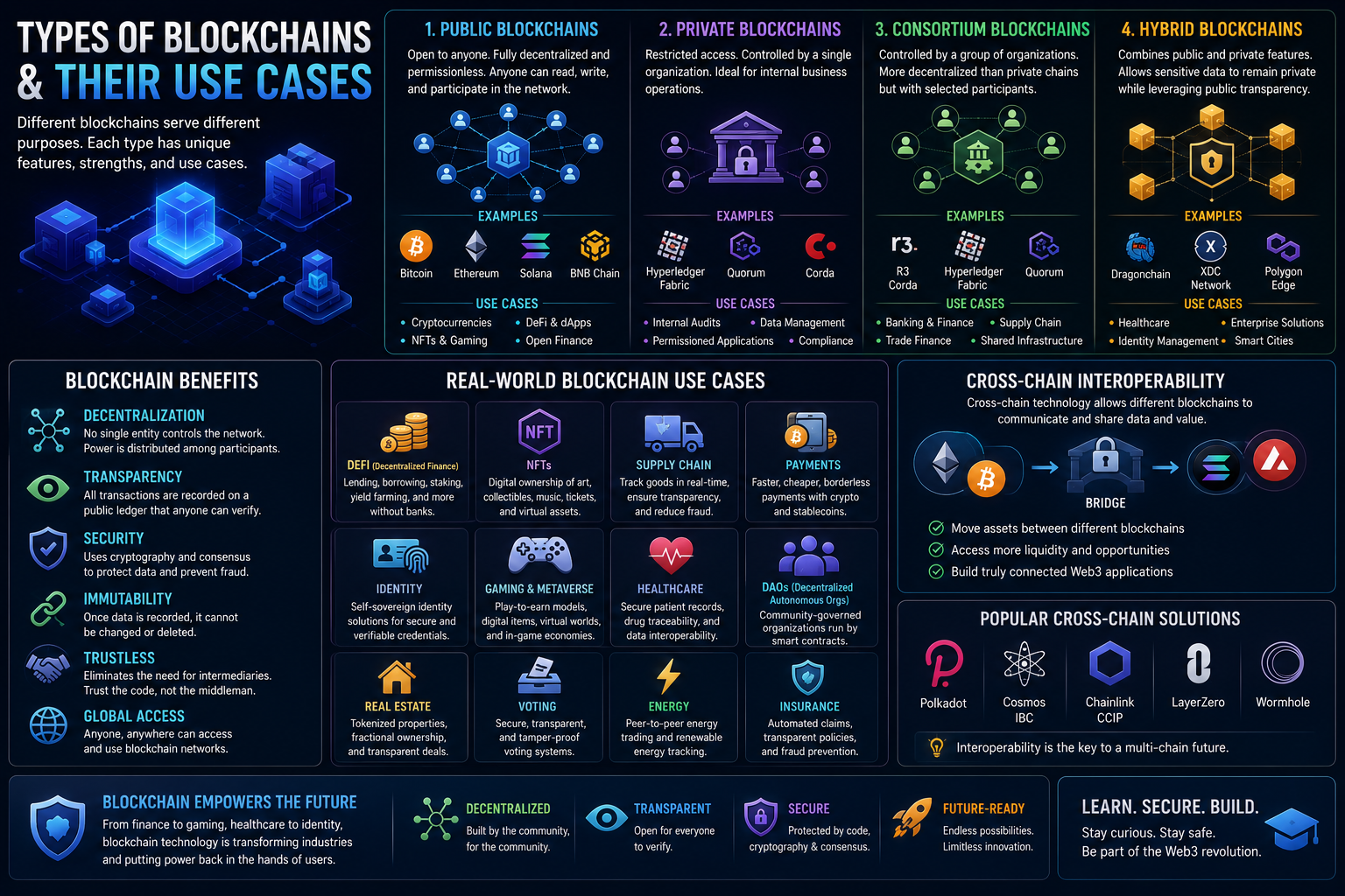 Educational blockchain infographic explaining public, private, consortium, and hybrid blockchains along with DeFi, NFTs, payments, DAOs, and cross-chain interoperability.