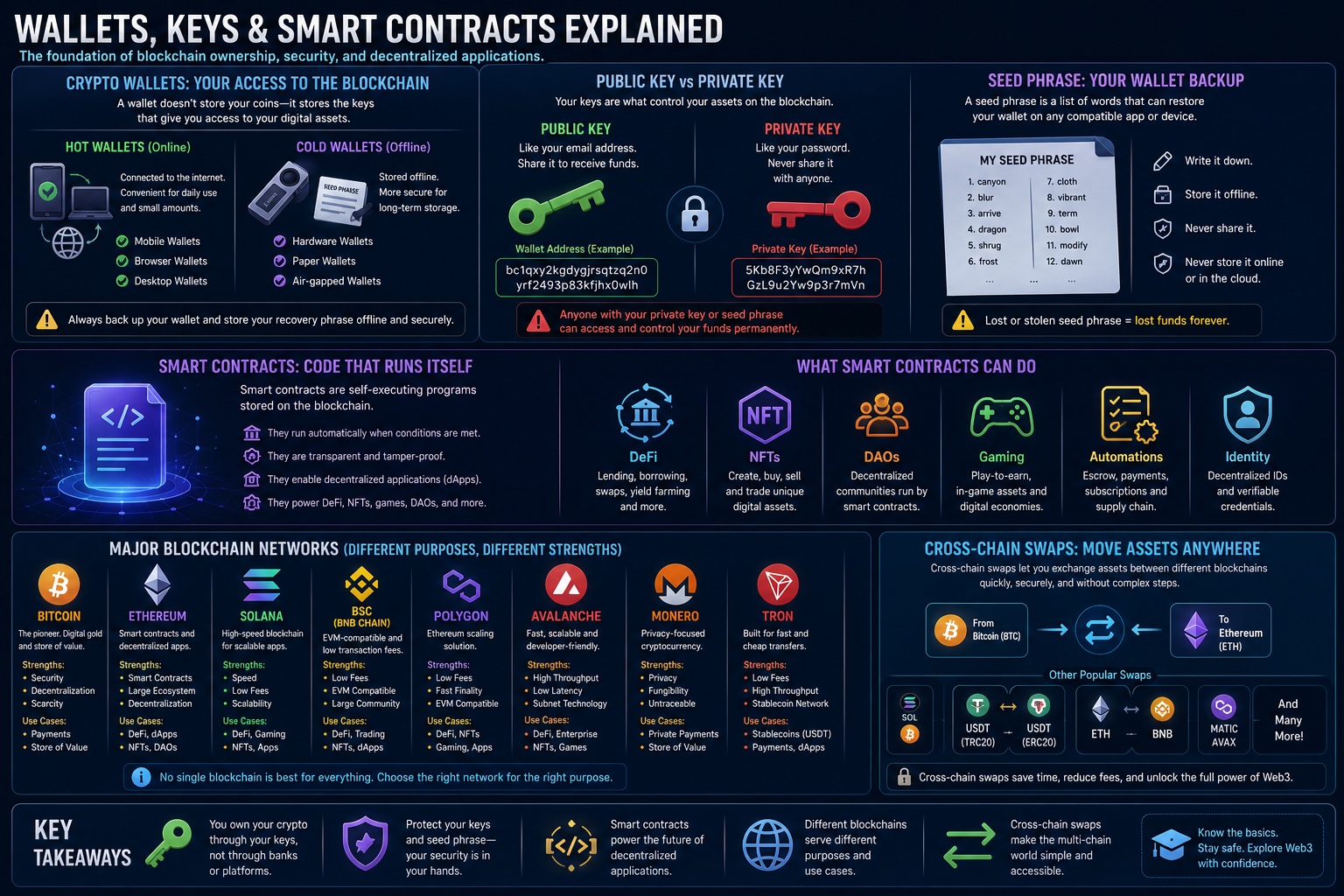 Educational blockchain infographic explaining crypto wallets, public and private keys, seed phrases, smart contracts, blockchain networks, and cross-chain swaps.
